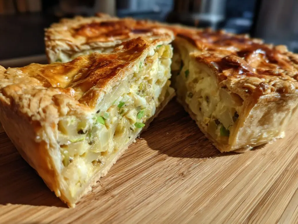 Close-up of a slice of Creamy Leek and Potato Pie, showing the filling and golden crust.
