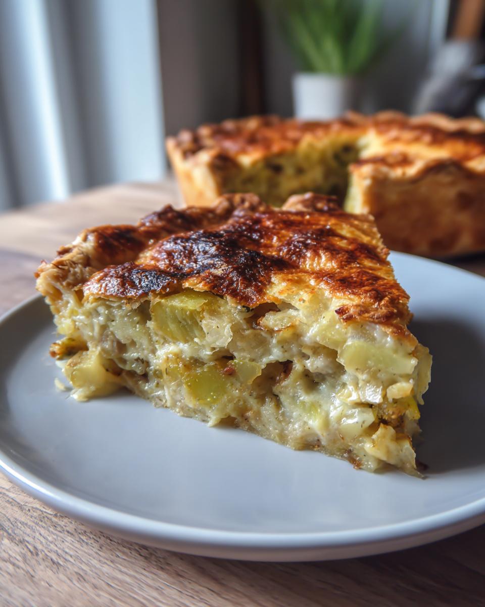Close-up of a slice of Creamy Leek and Potato Pie on a plate, showing the creamy filling and golden crust.