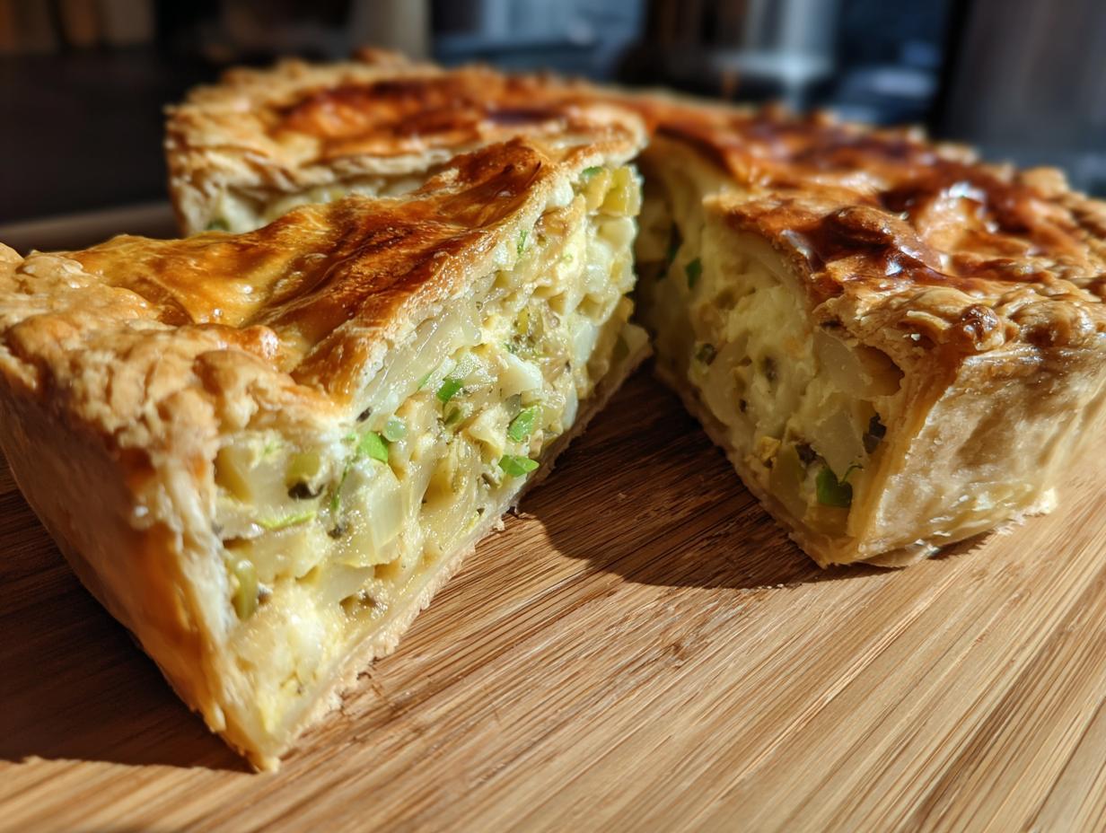 Close-up of a slice of Creamy Leek and Potato Pie, showing the filling and golden crust.