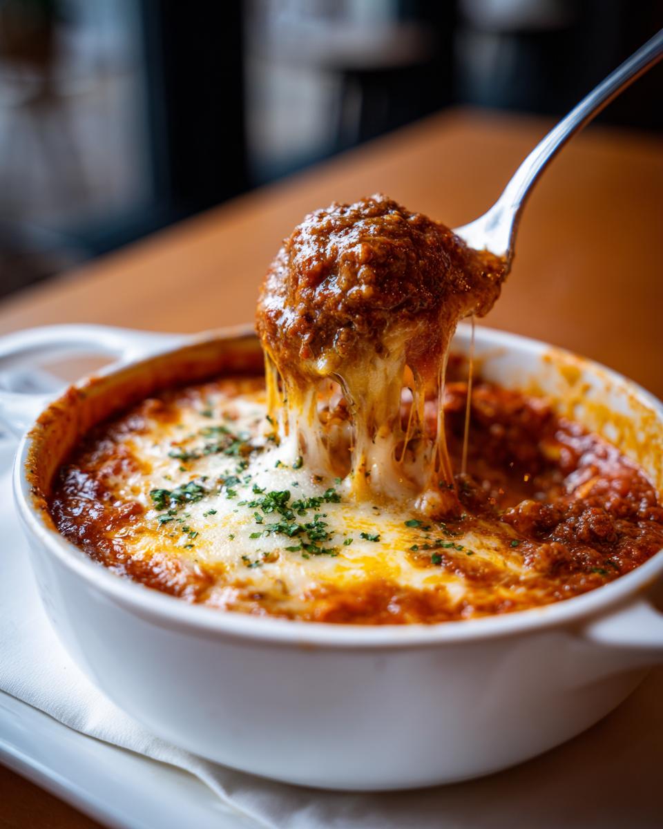 Close-up of Easy Lasagna Soup with melted cheese being lifted by a fork.