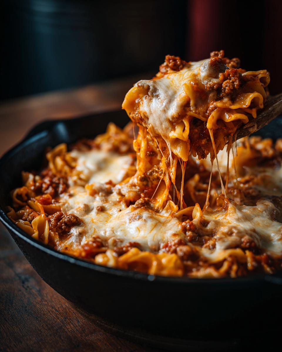 Close-up of Easy Lasagna Soup with melted cheese, pasta, and meat sauce.