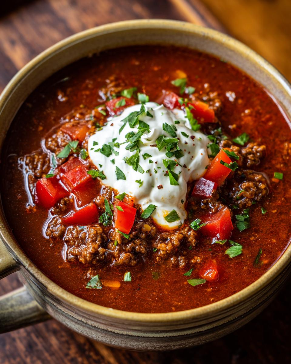 Amazing! Easy Stuffed Pepper Soup: 3 Steps to Delight 9 Close-up of a bowl of Easy Stuffed Pepper Soup with sour cream and fresh herbs.