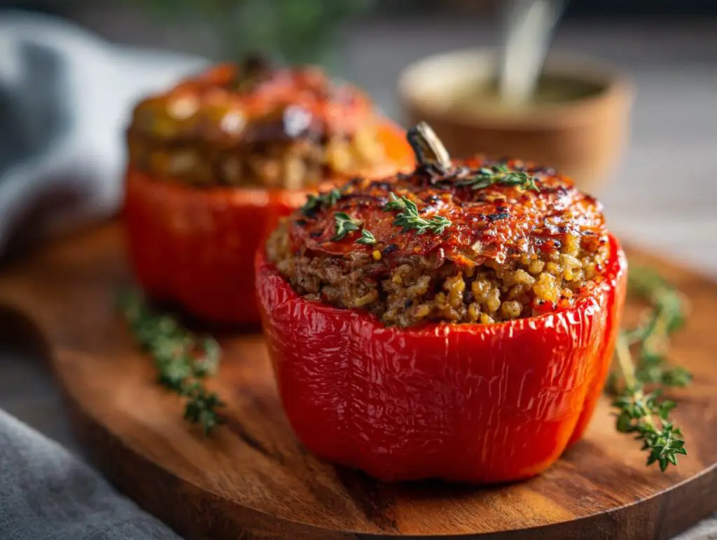 Close-up of baked red bell peppers stuffed with filling, the Easy Stuffed Pepper Soup.