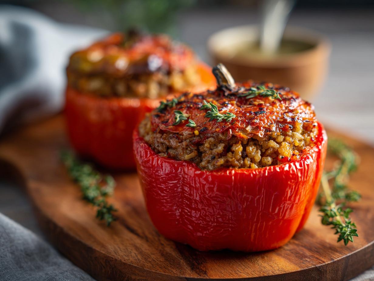 Amazing! Easy Stuffed Pepper Soup: 3 Steps to Delight 6 Close-up of baked red bell peppers stuffed with filling, the Easy Stuffed Pepper Soup.