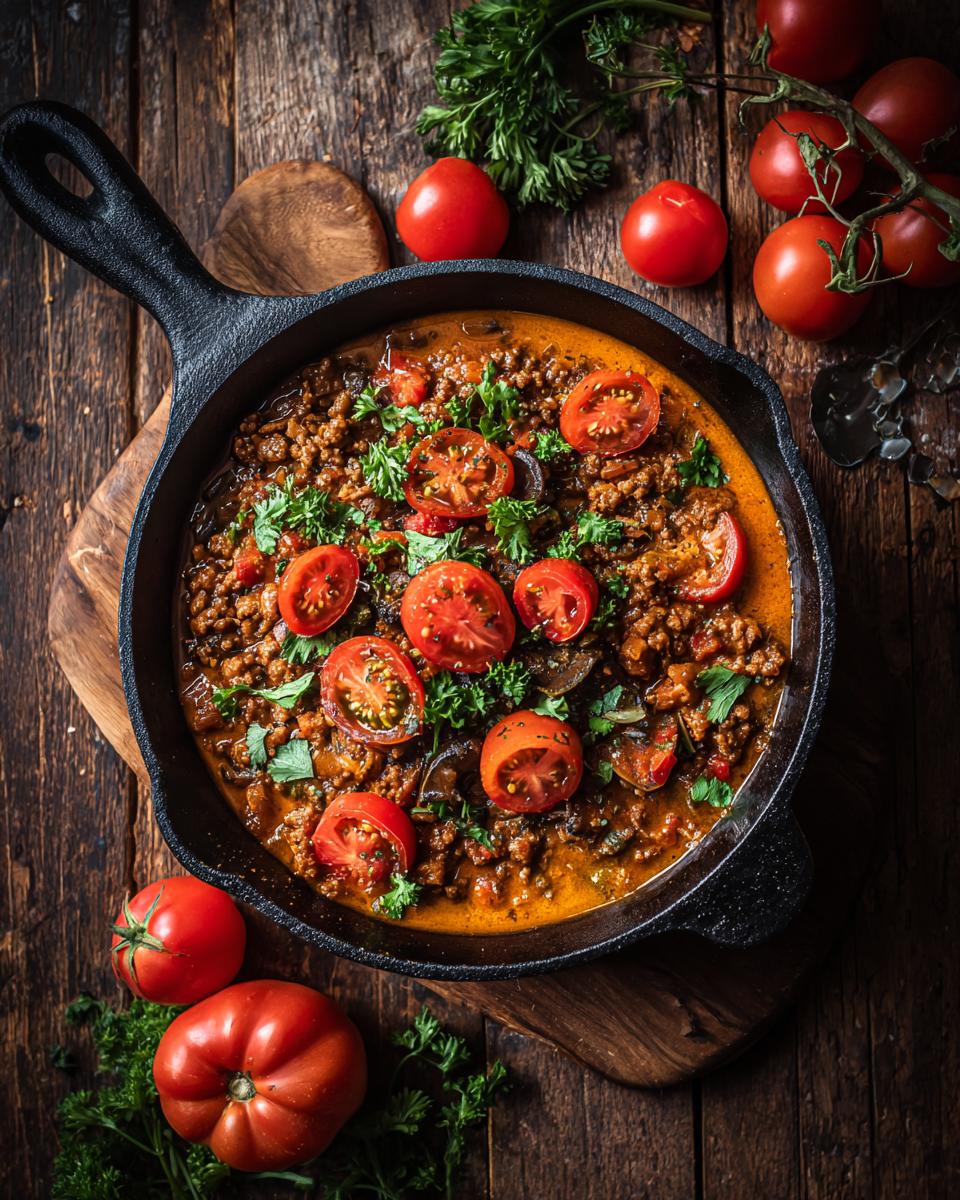 Amazing! Easy Stuffed Pepper Soup: 3 Steps to Delight 8 Overhead shot of Easy Stuffed Pepper Soup in a cast iron skillet, garnished with tomatoes and herbs.