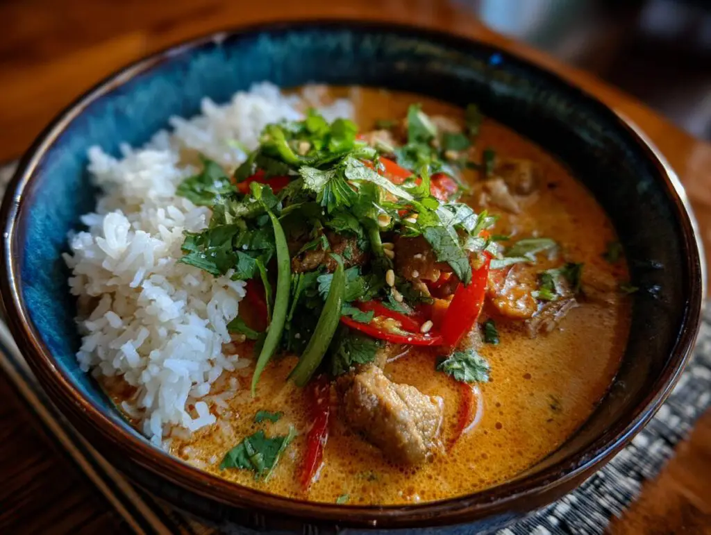 A bowl of Easy Thai Chicken Curry Soup with rice, cilantro, and red peppers.