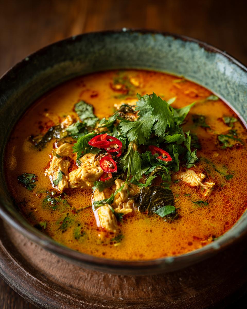 Close-up of a bowl of Easy Thai Chicken Curry Soup, garnished with cilantro and chili.