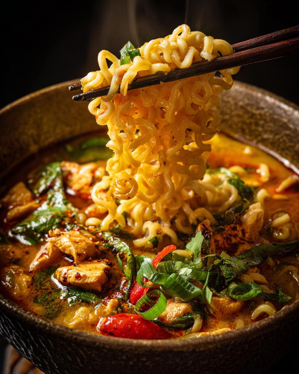 Close-up of Easy Thai Chicken Curry Soup with noodles, chicken, and vegetables.