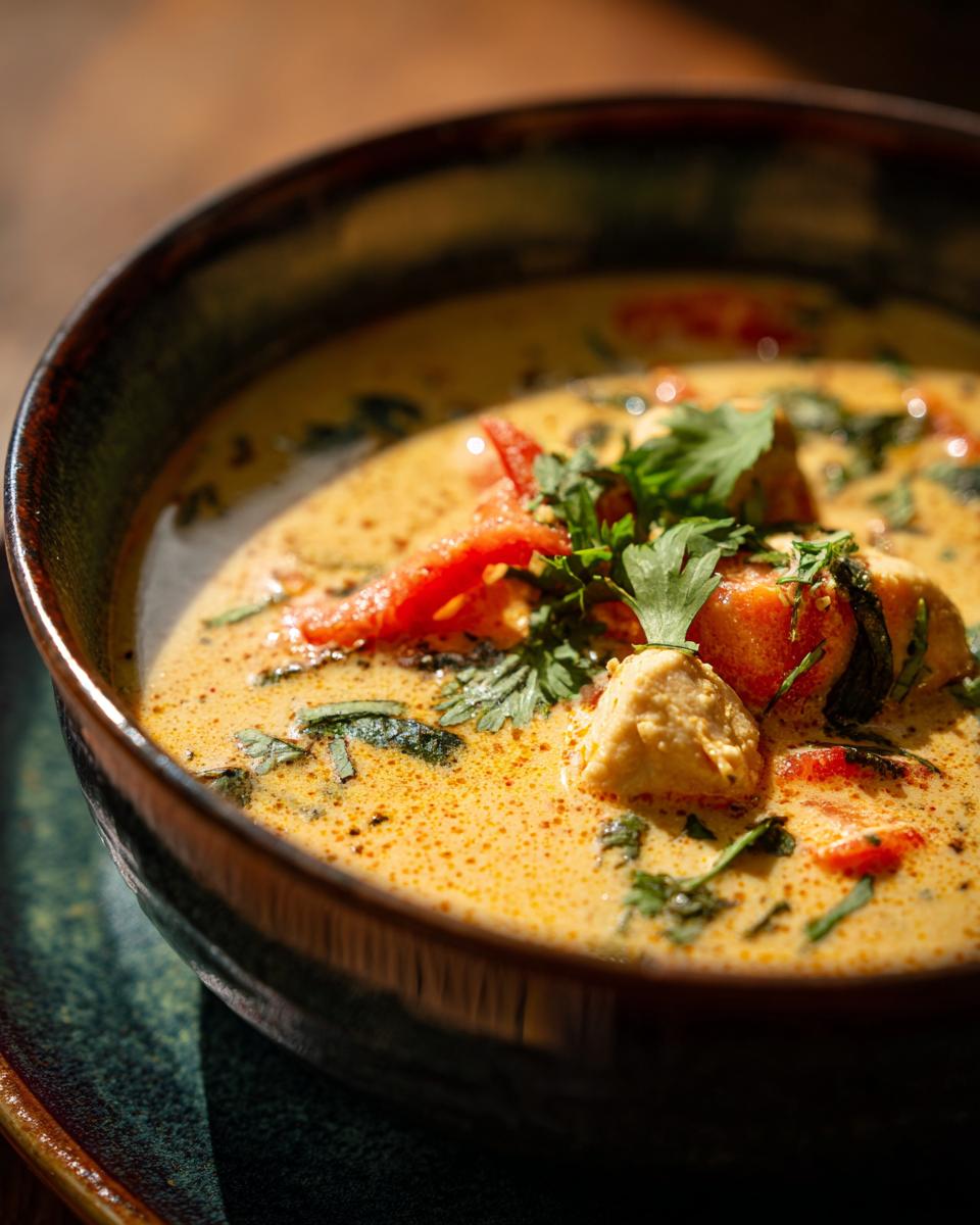 Close-up of a bowl of Easy Thai Chicken Curry Soup with chicken, vegetables, and herbs.