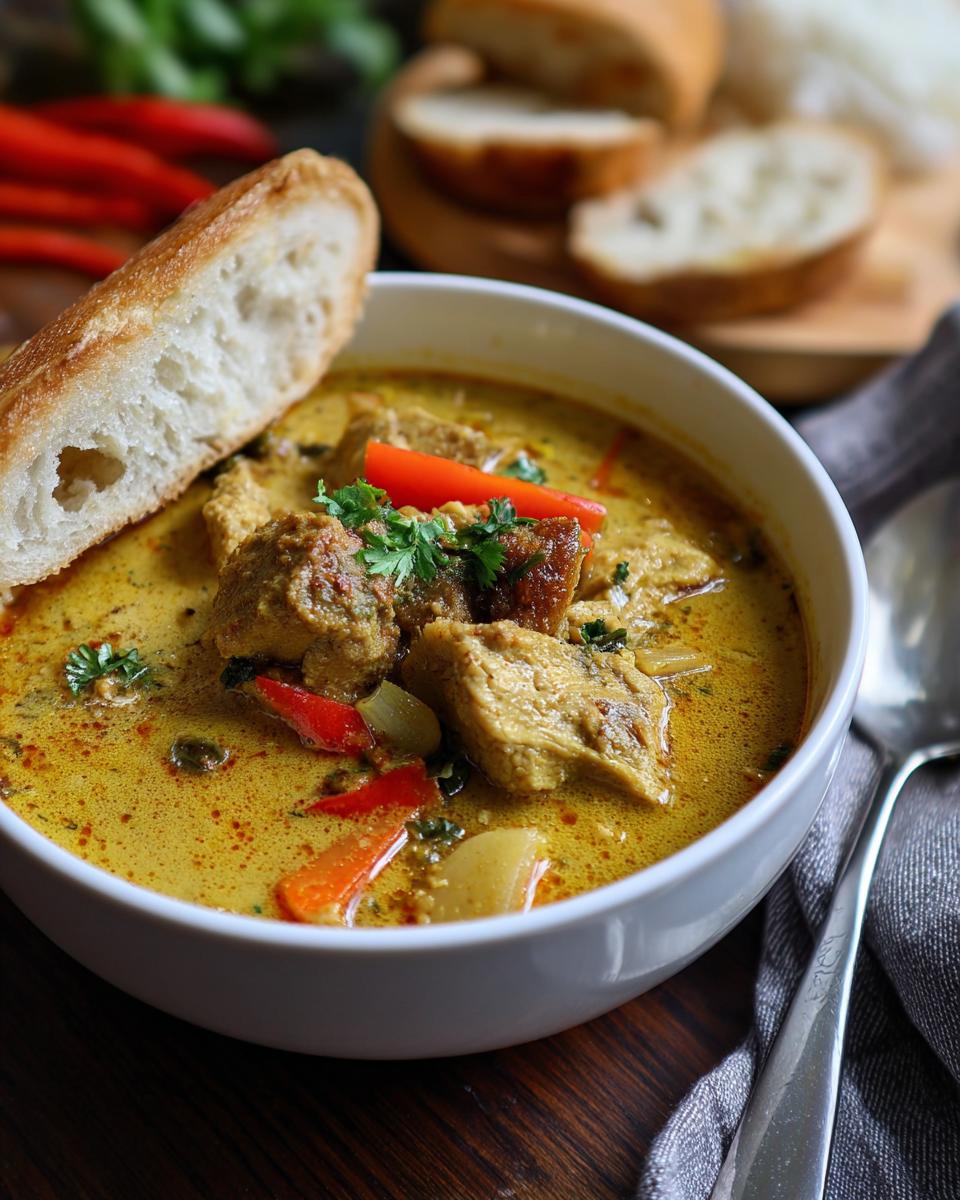 Close-up of a bowl of Easy Thai Chicken Curry Soup with bread, garnished with herbs.