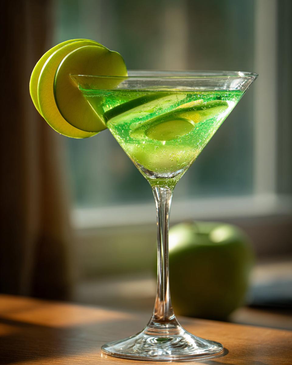 Unforgettable! 1 Easy Emerald Green Apple Martini Recipe 3 A vibrant Emerald Green Apple Martini garnished with apple slices in a martini glass.
