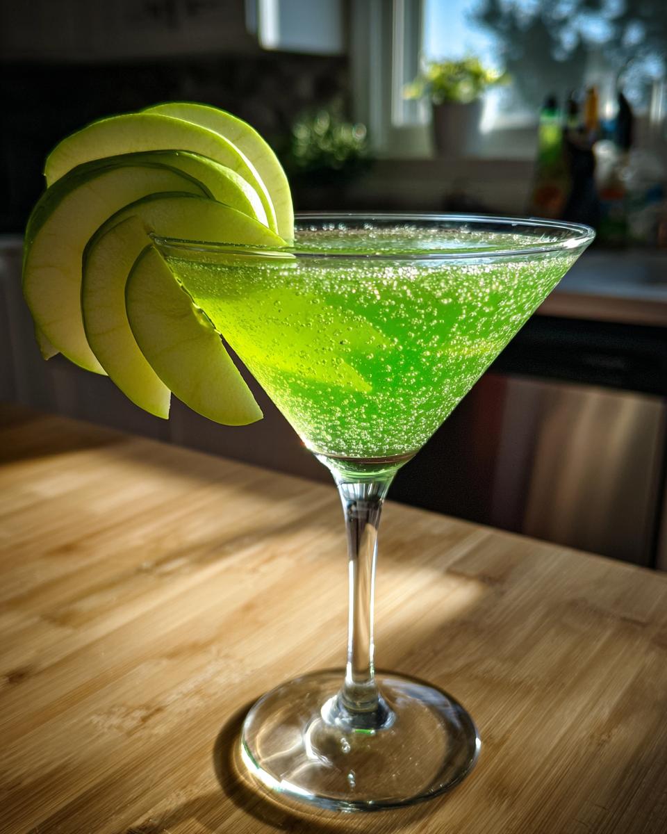Unforgettable! 1 Easy Emerald Green Apple Martini Recipe 4 A vibrant Emerald Green Apple Martini in a glass, garnished with apple slices.