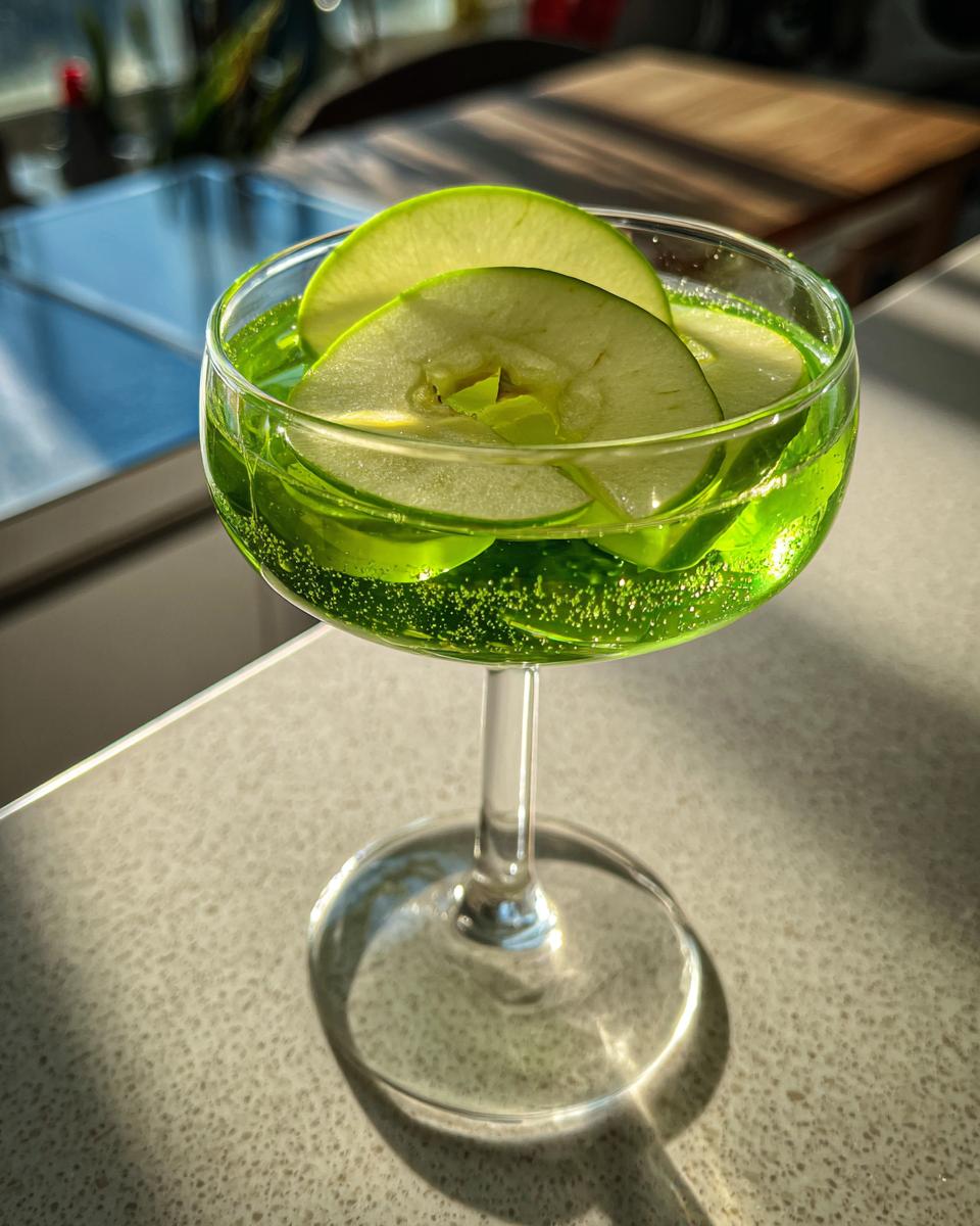 Unforgettable! 1 Easy Emerald Green Apple Martini Recipe 5 Close-up of an Emerald Green Apple Martini in a stemmed glass with apple slices.