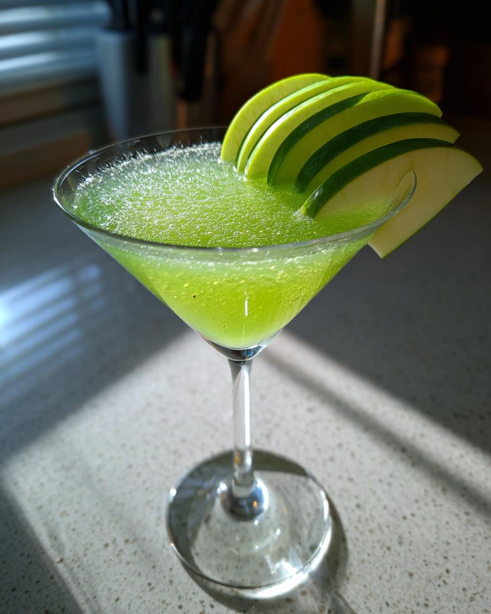 Unforgettable! 1 Easy Emerald Green Apple Martini Recipe 2 A vibrant Emerald Green Apple Martini in a martini glass, garnished with apple slices.