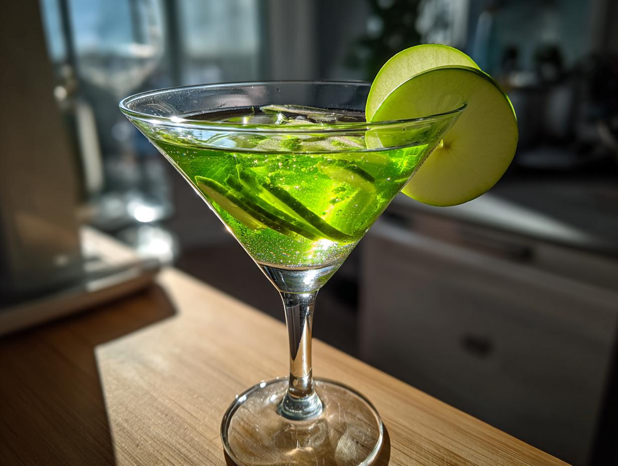 Unforgettable! 1 Easy Emerald Green Apple Martini Recipe 1 A vibrant Emerald Green Apple Martini in a stemmed glass, garnished with apple slices.