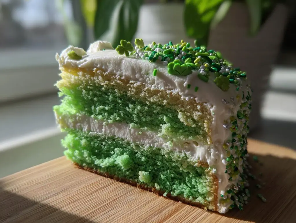 Close-up of a slice of Four-Leaf Clover Sugar Cookie Cake, layered with green and white frosting.