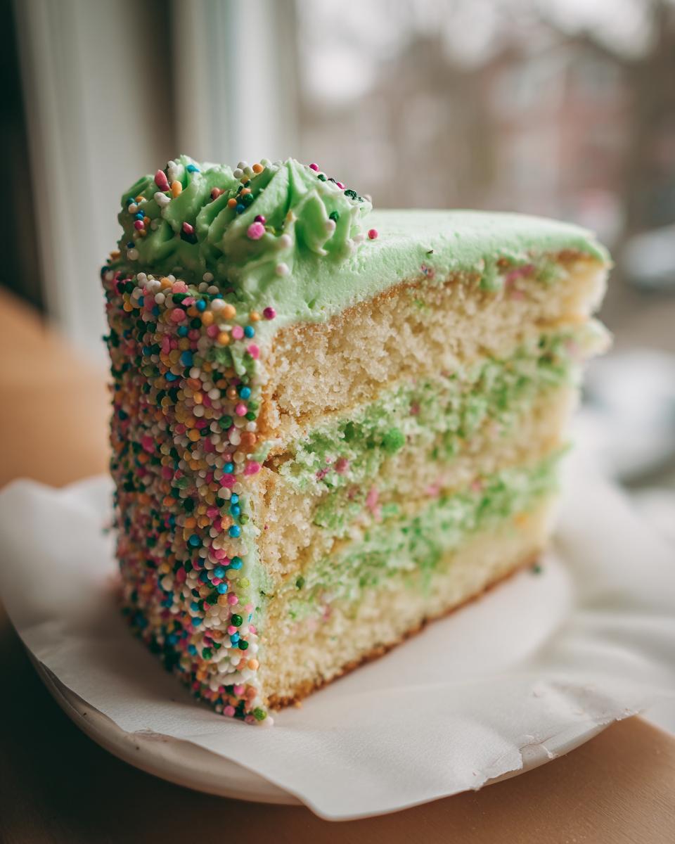 Close-up of a slice of Four-Leaf Clover Sugar Cookie Cake with green frosting and sprinkles.