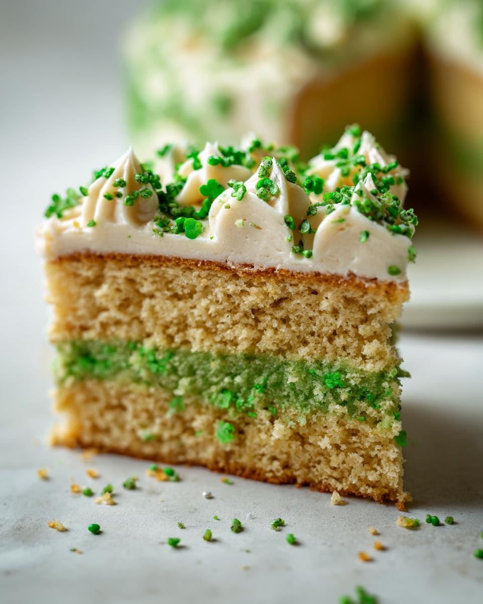 Close-up of a slice of Four-Leaf Clover Sugar Cookie Cake with green layers and frosting.
