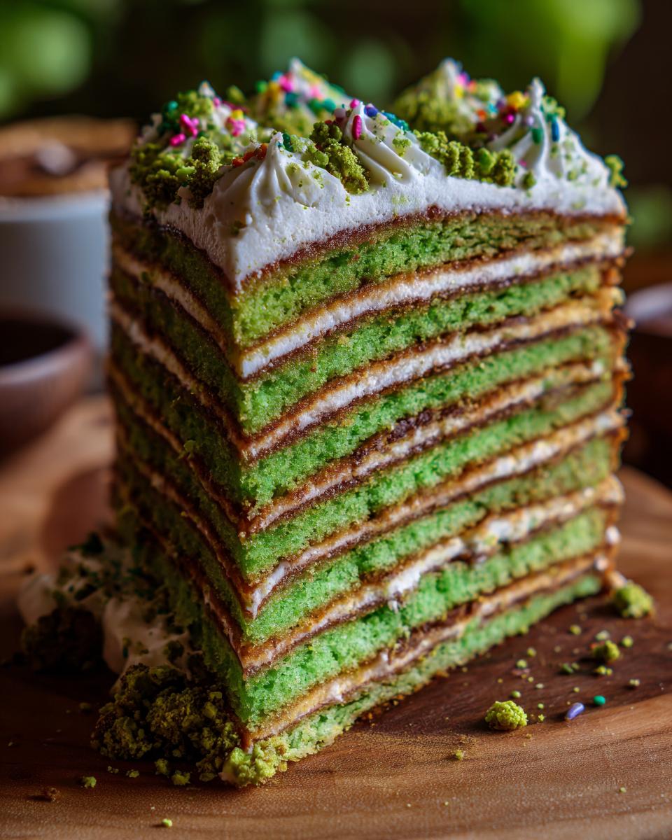 Close-up of a slice of Four-Leaf Clover Sugar Cookie Cake, layered with green cake, frosting, and sprinkles.