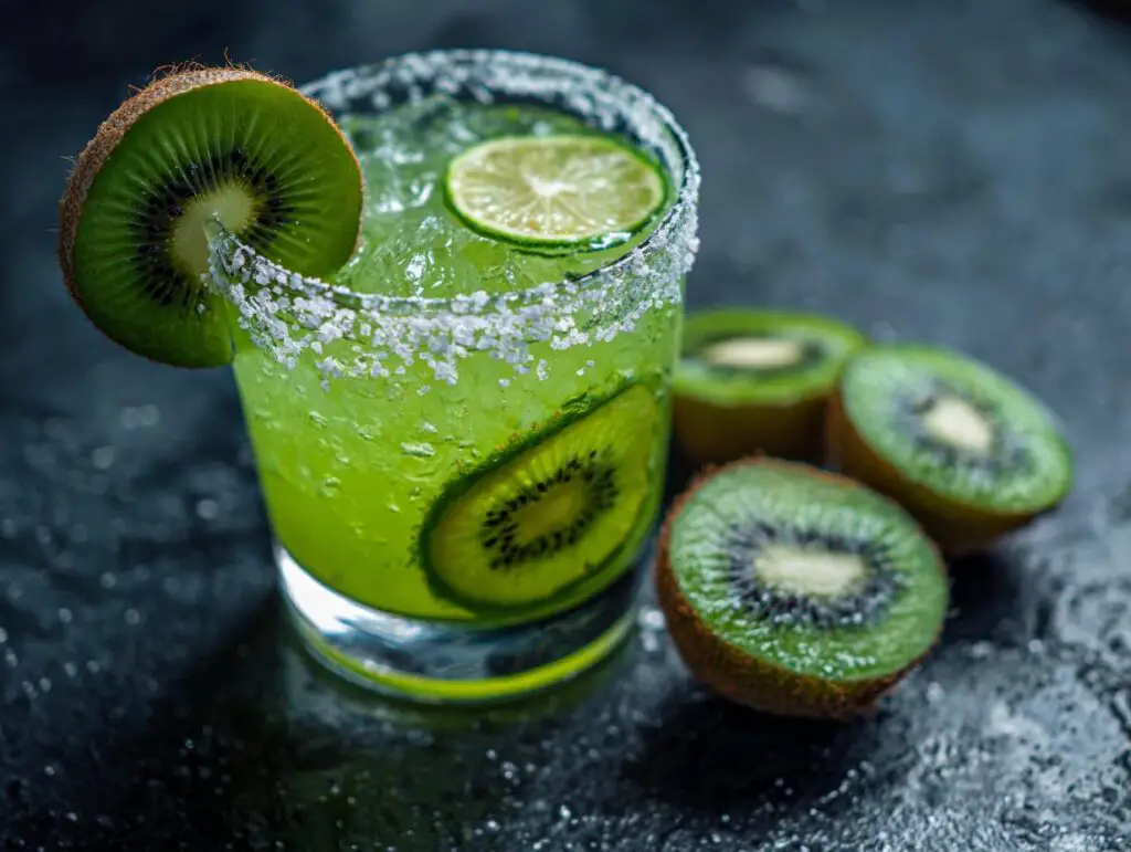A vibrant Green Margarita with Kiwi, garnished with kiwi slices and a lime wedge.