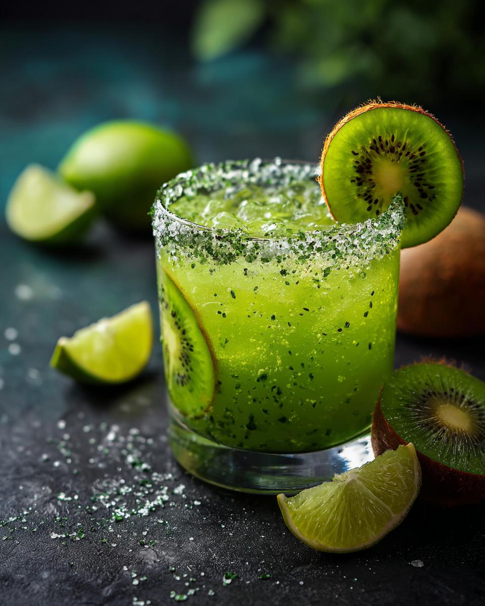 A vibrant Green Margarita with Kiwi, garnished with kiwi slice and lime wedges.