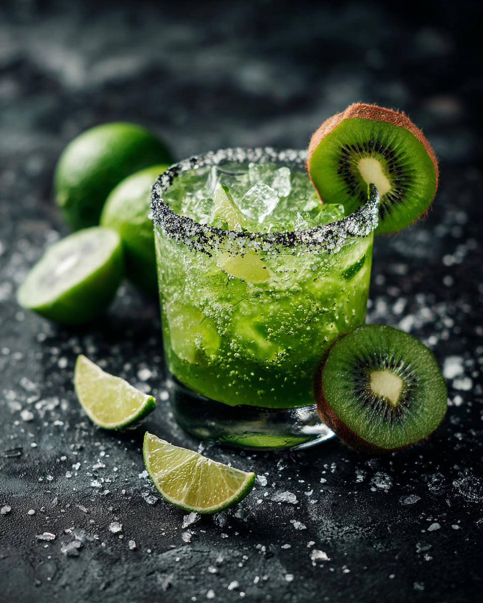 A vibrant Green Margarita with Kiwi, garnished with lime and kiwi slices, on a dark background.