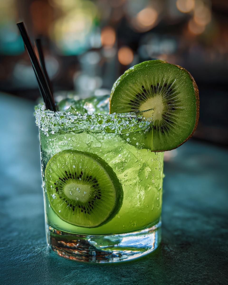 Close-up of a Green Margarita with Kiwi, garnished with kiwi slices and a sugared rim.
