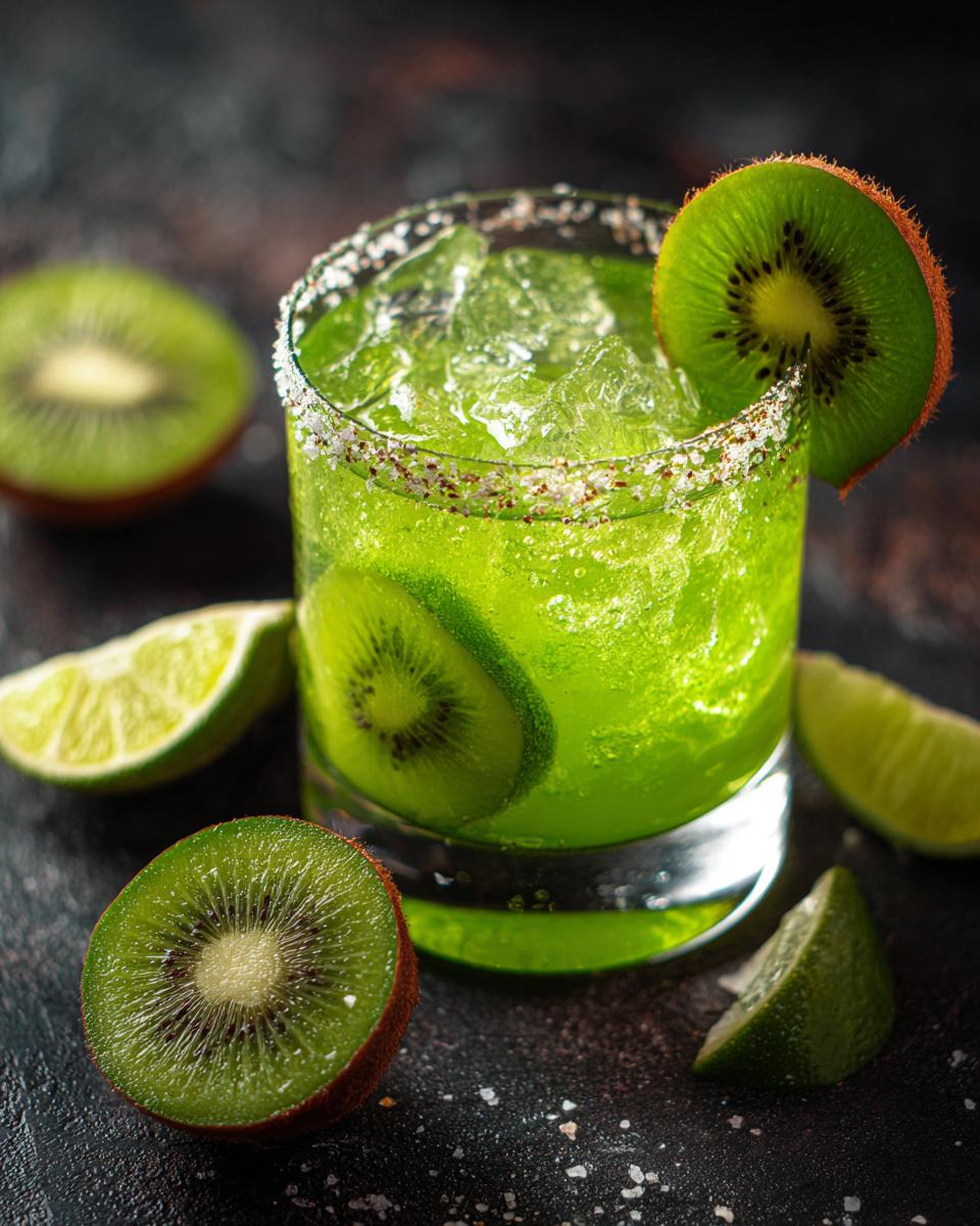 Close-up of a vibrant Green Margarita with Kiwi, garnished with kiwi and lime slices.