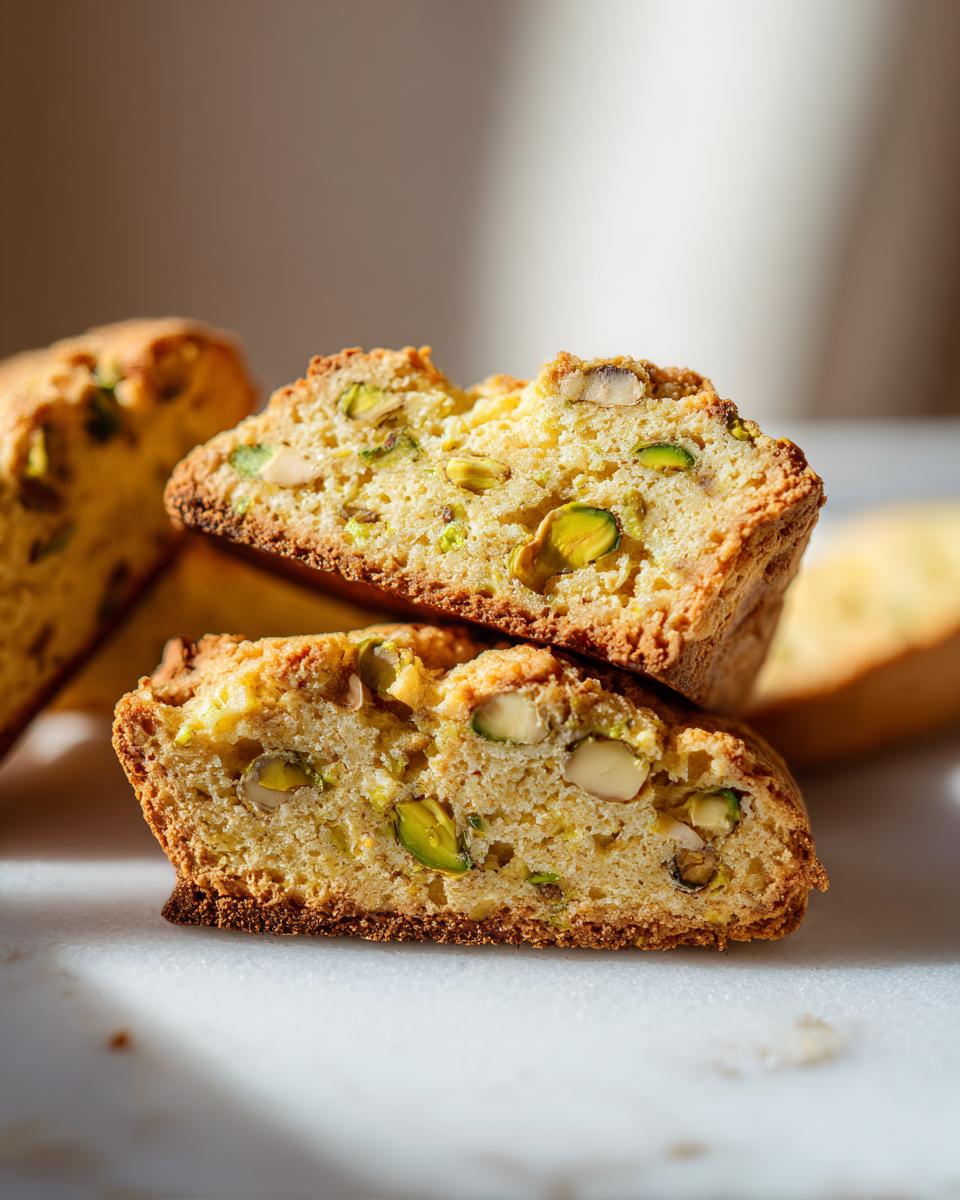 Close-up of sliced Green Pistachio Biscotti, showing pistachios and almonds.