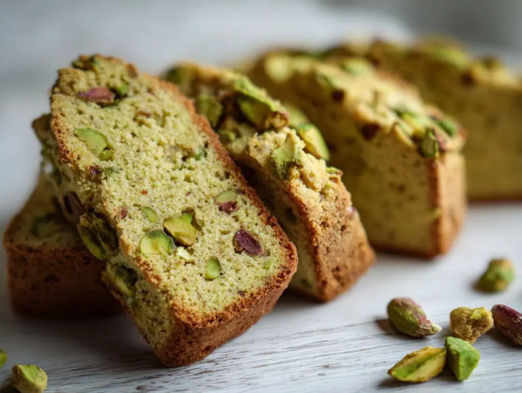 Close-up of sliced Green Pistachio Biscotti, showing pistachio nuts.