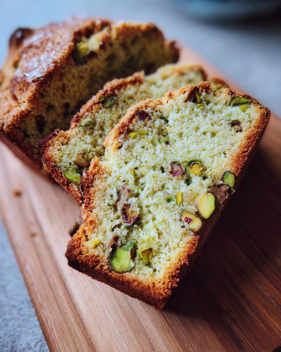 Close-up of sliced Green Pistachio Biscotti, showing pistachios in the bread.