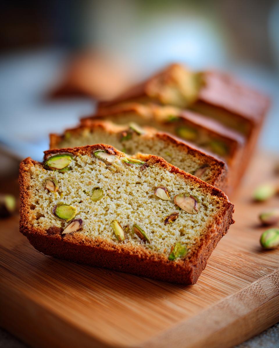 Close-up of sliced Green Pistachio Biscotti, showing pistachios, on a wooden cutting board.