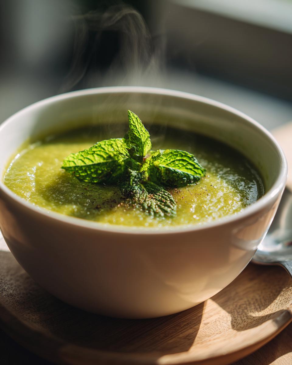 Green Split Pea Soup with Mint: 1 Secret Ingredient! 9 Close-up of a bowl of Green Split Pea Soup with Mint, garnished with fresh mint leaves.
