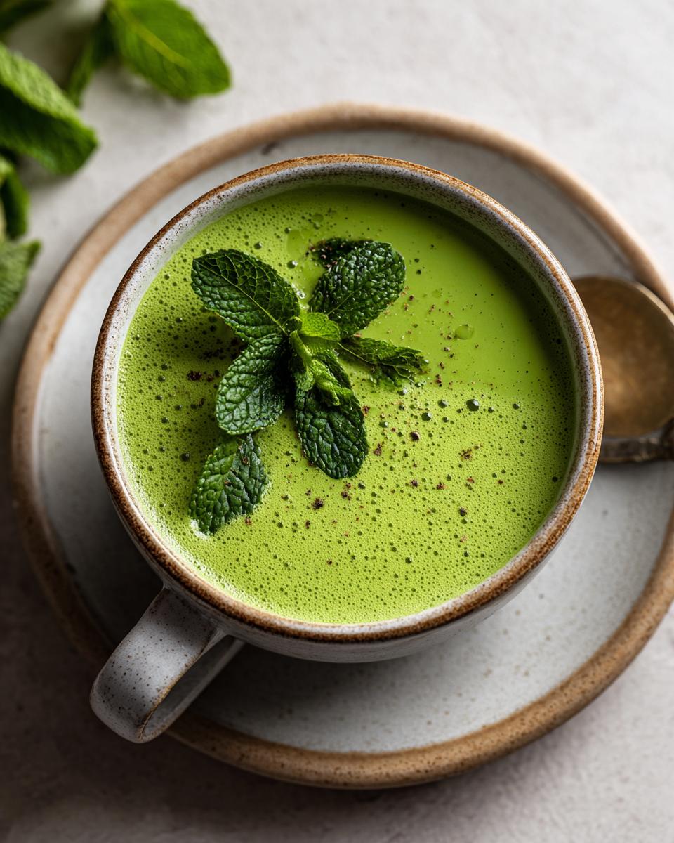Green Split Pea Soup with Mint: 1 Secret Ingredient! 8 Close-up of a bowl of Green Split Pea Soup with Mint, garnished with fresh mint leaves.