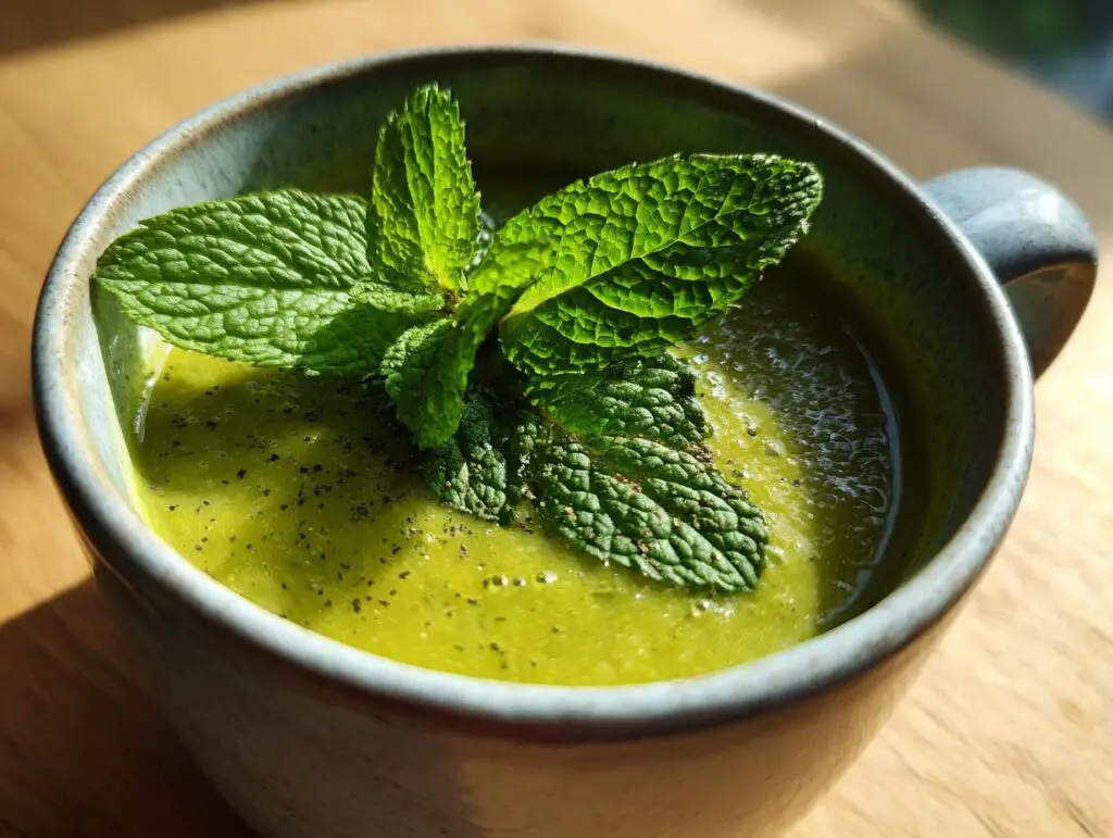 Close-up of a bowl of Green Split Pea Soup with Mint, garnished with fresh mint leaves.
