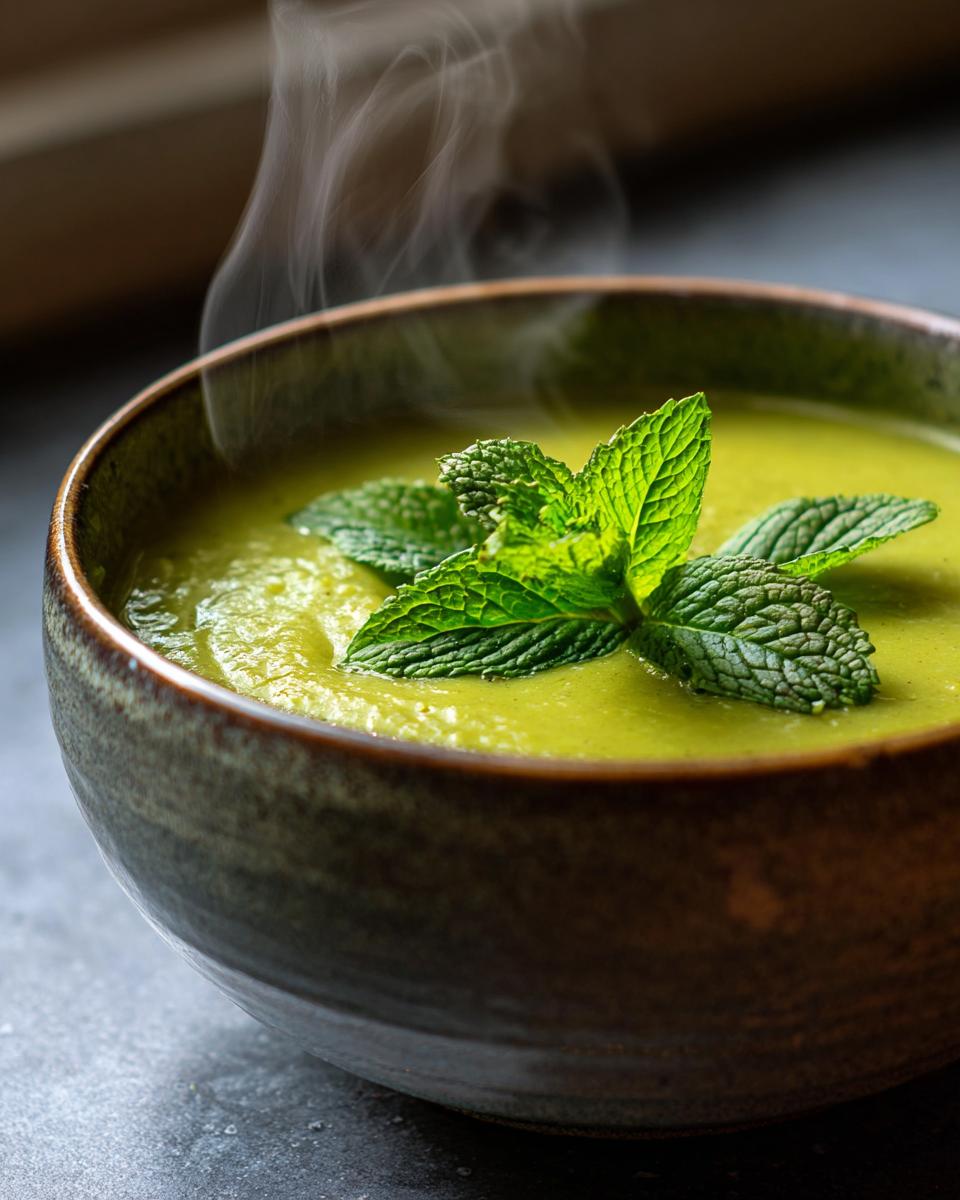 Green Split Pea Soup with Mint: 1 Secret Ingredient! 10 Close-up of a bowl of Green Split Pea Soup with Mint, garnished with fresh mint leaves.