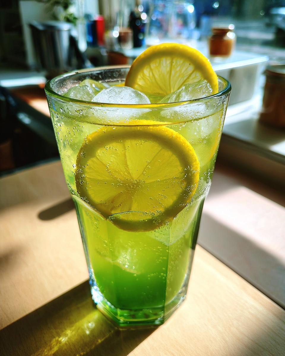 A glass of Green Tea and Honey Lemonade with ice and lemon slices on a wooden surface.