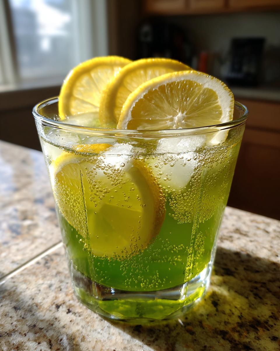 A glass of Green Tea and Honey Lemonade with lemon slices and ice.