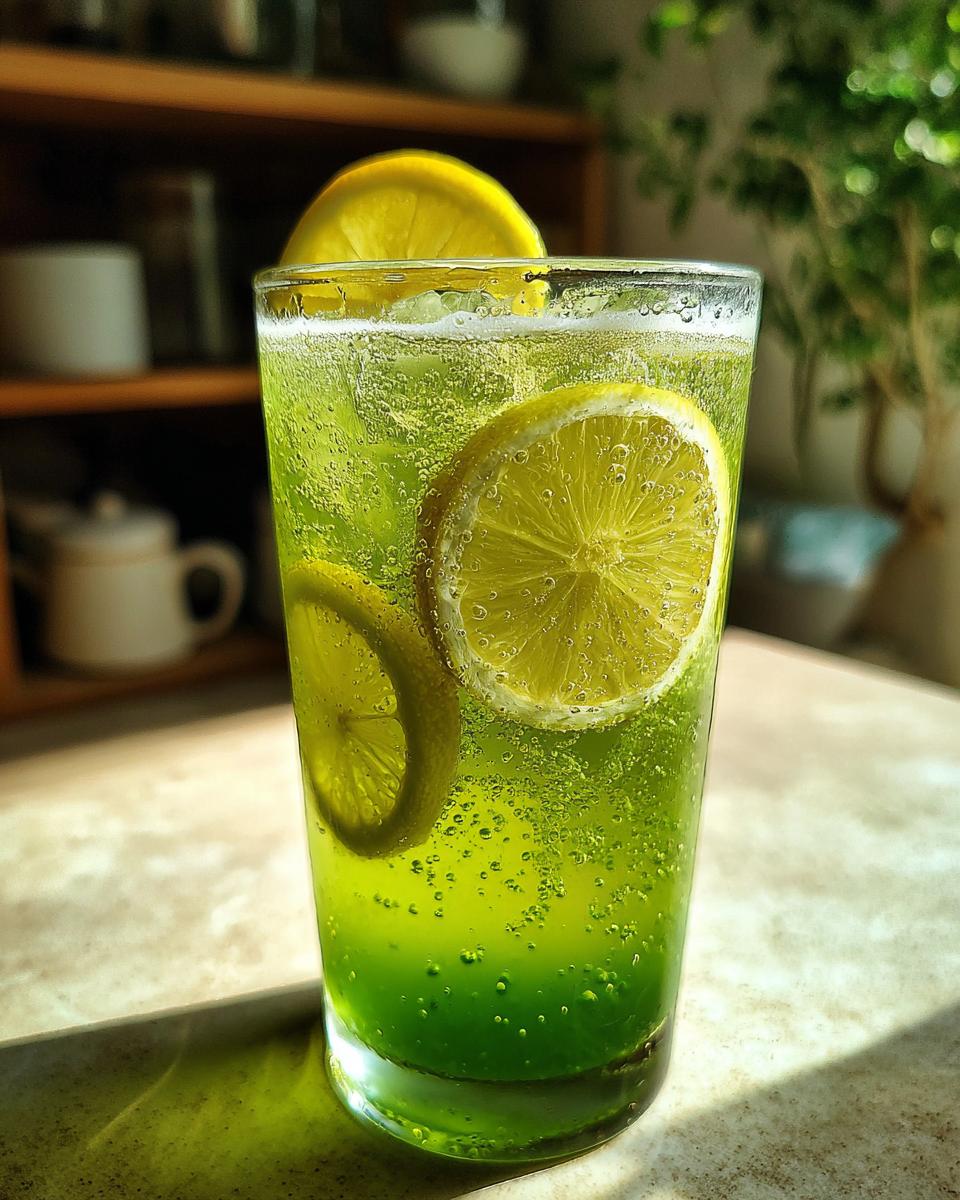 Glass of Green Tea and Honey Lemonade with lemon slices, a refreshing drink.