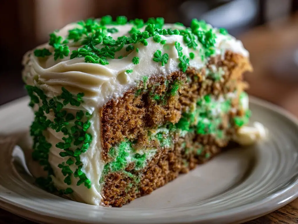 A slice of Green Velvet Cake with Shamrock Sprinkles, decorated with green shamrock sprinkles and frosting.