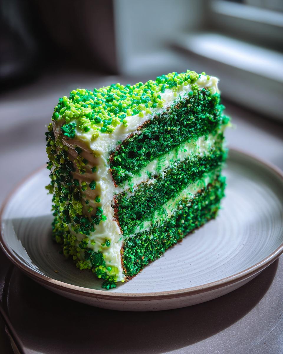 Close-up of a slice of Green Velvet Cake with Shamrock Sprinkles on a plate.