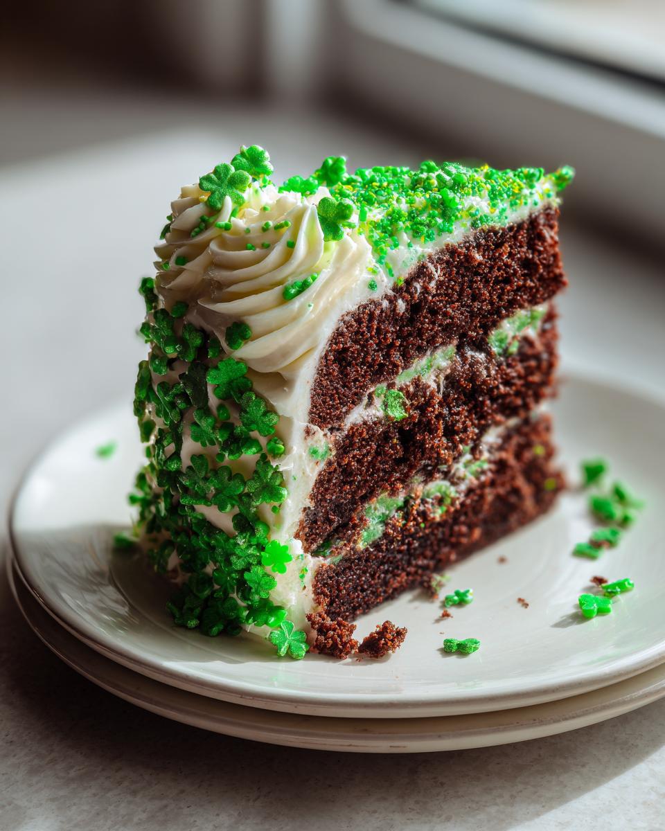 A slice of Green Velvet Cake with Shamrock Sprinkles on a white plate, ready to be enjoyed.