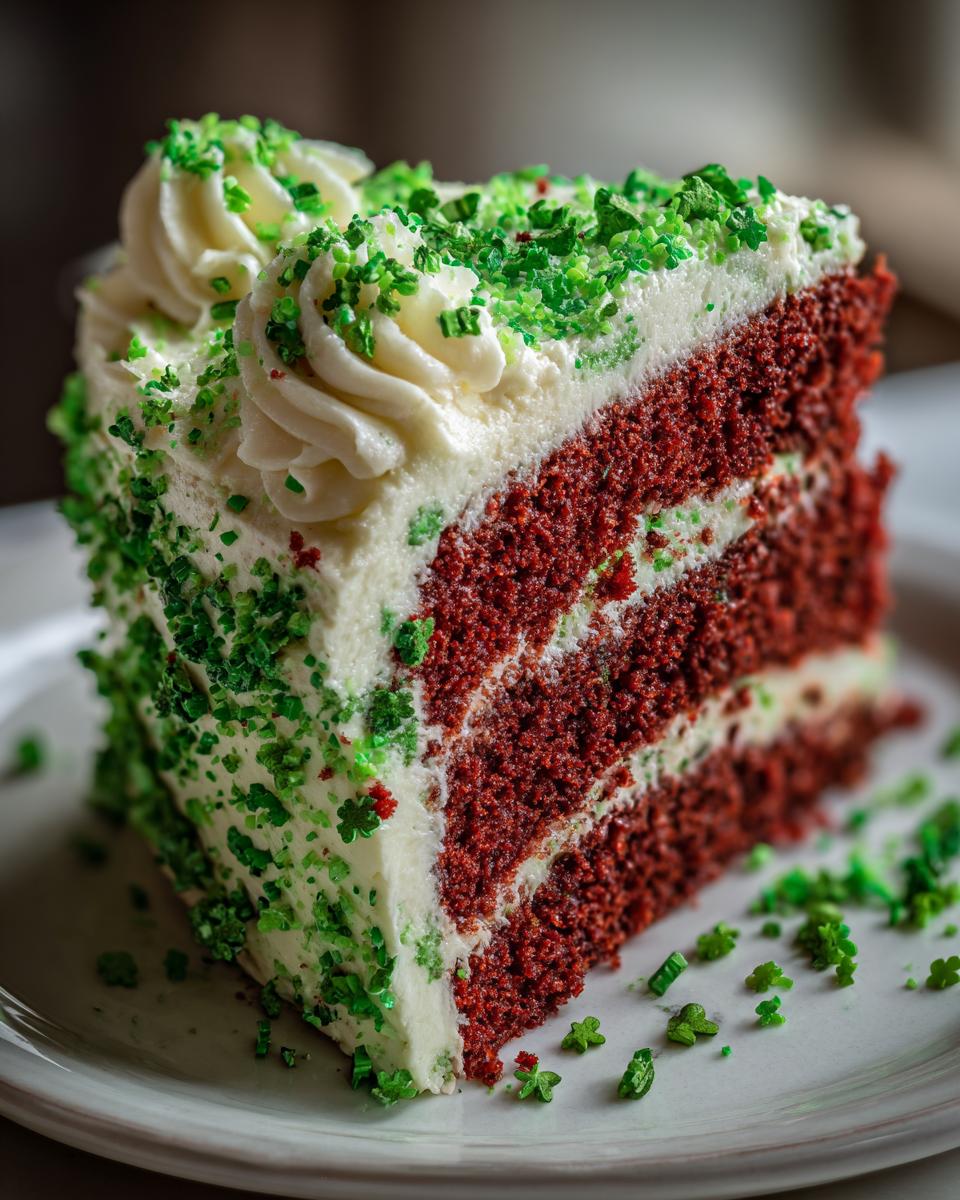 Close-up of a slice of Green Velvet Cake with Shamrock Sprinkles, a St. Patrick's Day treat.