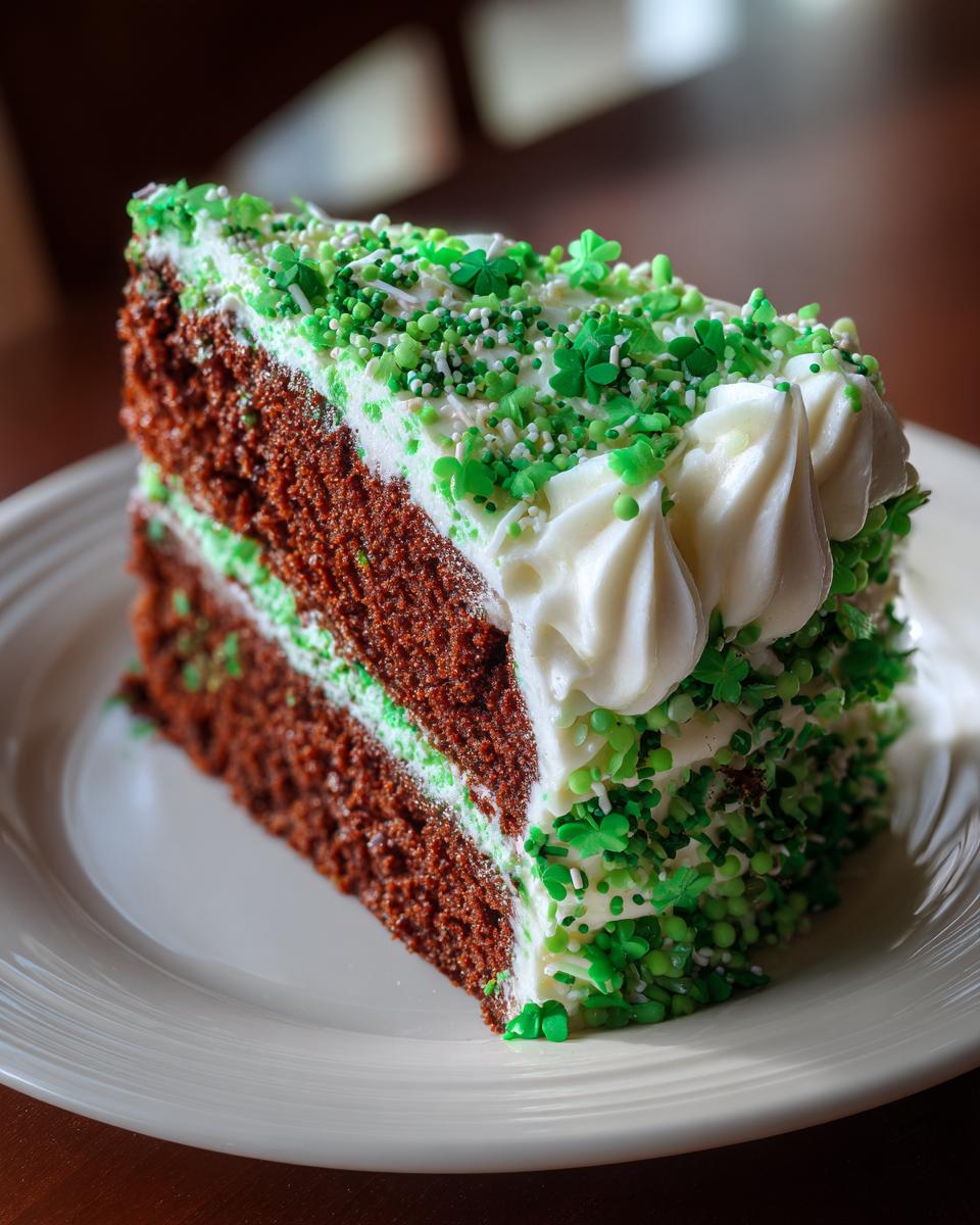A slice of Green Velvet Cake with Shamrock Sprinkles, perfect for St. Patrick's Day.