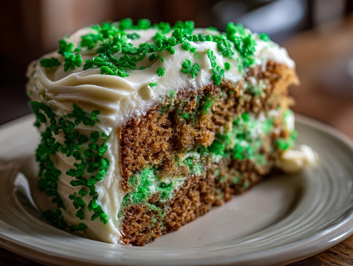 A slice of Green Velvet Cake with Shamrock Sprinkles, decorated with green shamrock sprinkles and frosting.