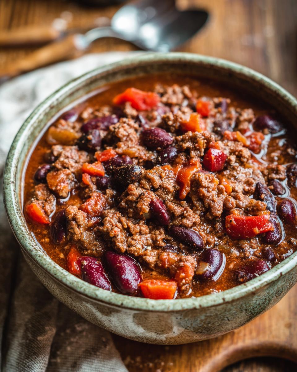 Close-up of a bowl filled with delicious Guinness Beer Chili, featuring beans and ground meat.