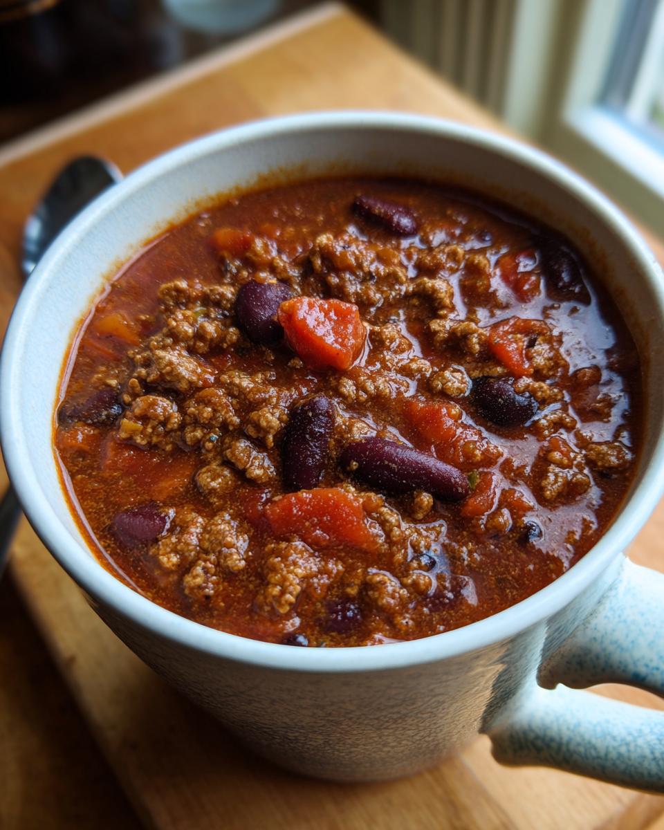 Close-up of a bowl of Guinness Beer Chili with beans, meat, and vegetables.