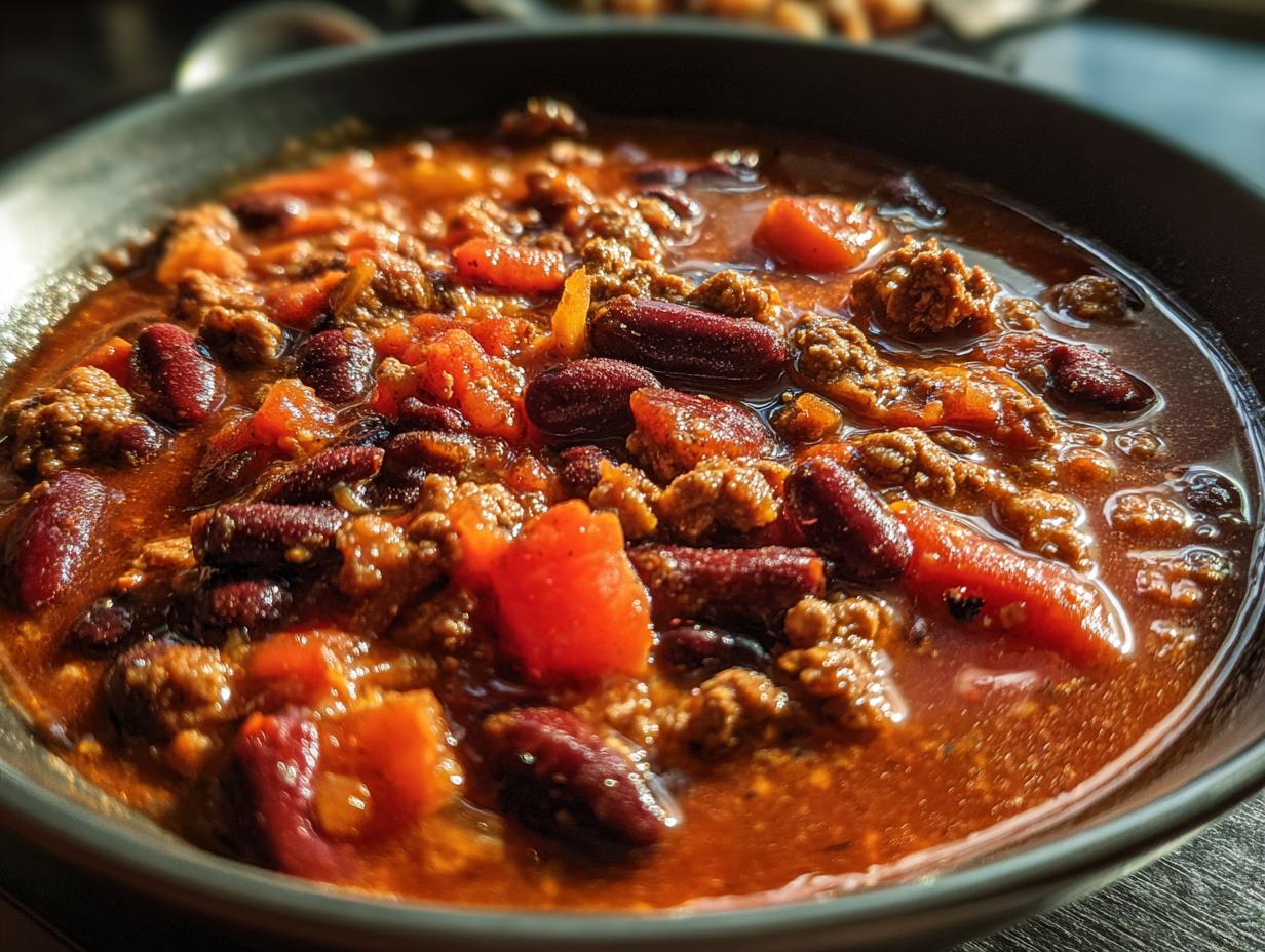 Close-up of a bowl of Guinness Beer Chili with beans, meat, and vegetables.