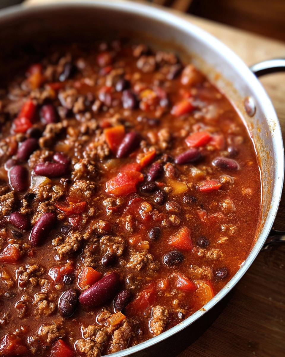 Close-up of a pot of Guinness Beer Chili with beans, meat, and vegetables.