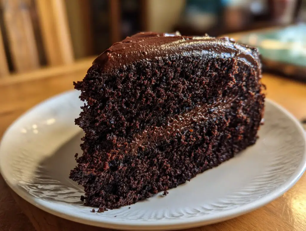 A delicious slice of Guinness Chocolate Layer Cake on a white plate, close up.